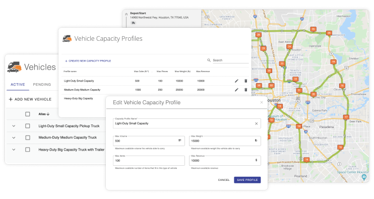 Create mixed fleet vehicle profiles with different load carrying capacity parameters.