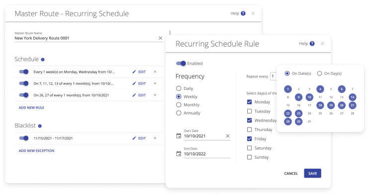 Recurring route planning for repeat business with daily, weekly, monthly, and annual delivery calendars and custom schedules.