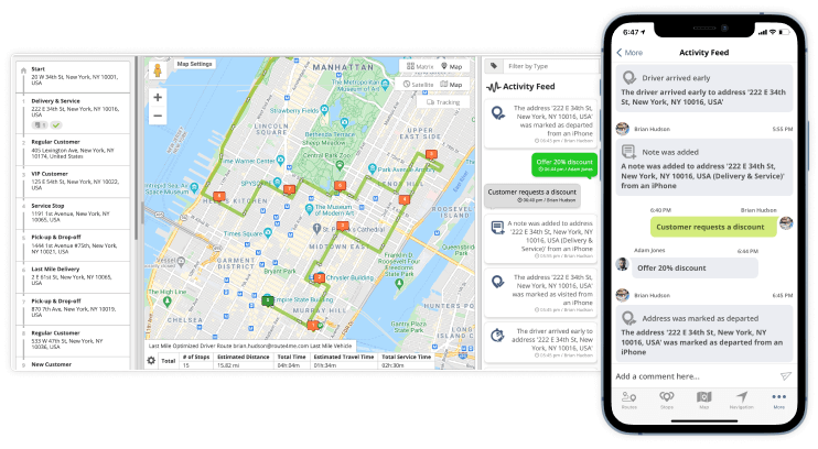 Route planning software with activity feed and audit logging to track team activity