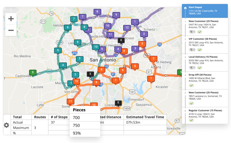 Set maximum pieces or skids settings per route