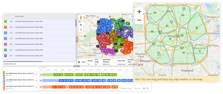 Service areas with smart zones for delivery and service routes